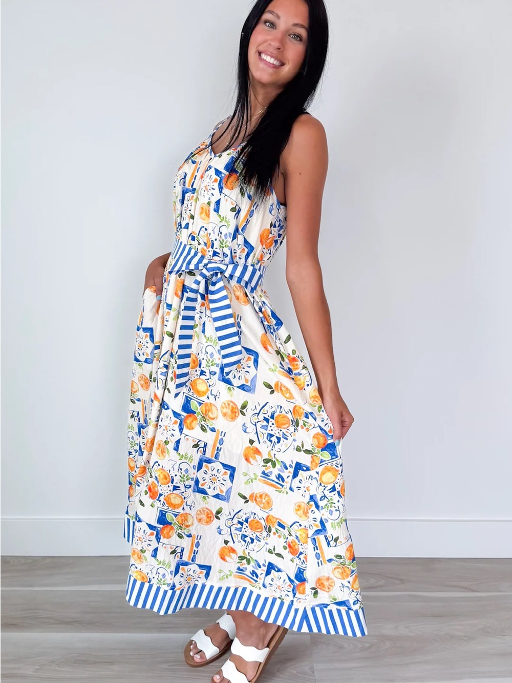entro White Maxi Dress with Orange Floral Tile Print and Blue Striped Tie